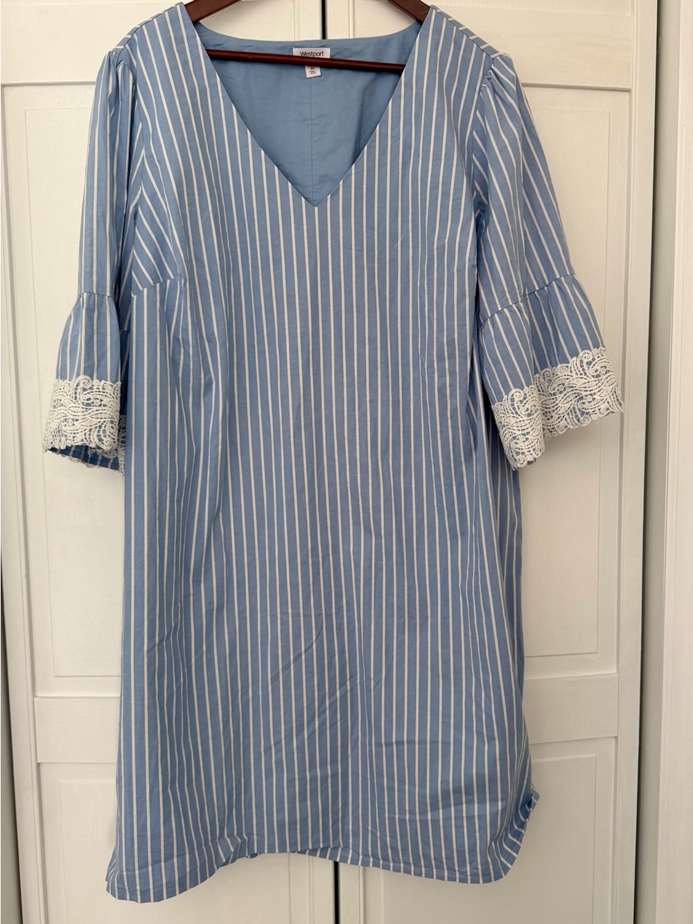 Westport Blue & White Striped V-Neck Midi Dress with Lace Trim